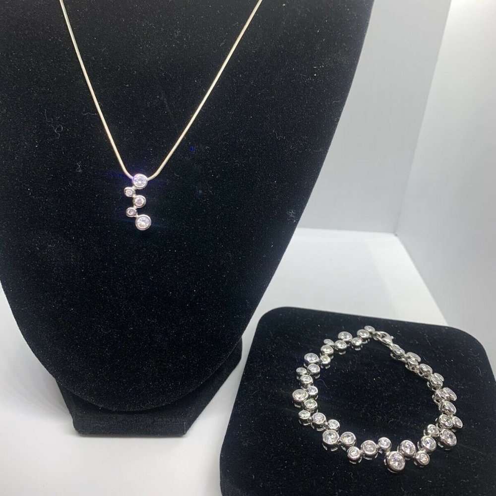 Italian Sterling Silver 925 Necklace & Matching Bracelet Set W/ Crystals